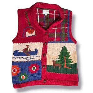 Vintage 90s Cottagecore Canoe Deer Plaid Hand Knit Sweater Vest Outdoor Heritage